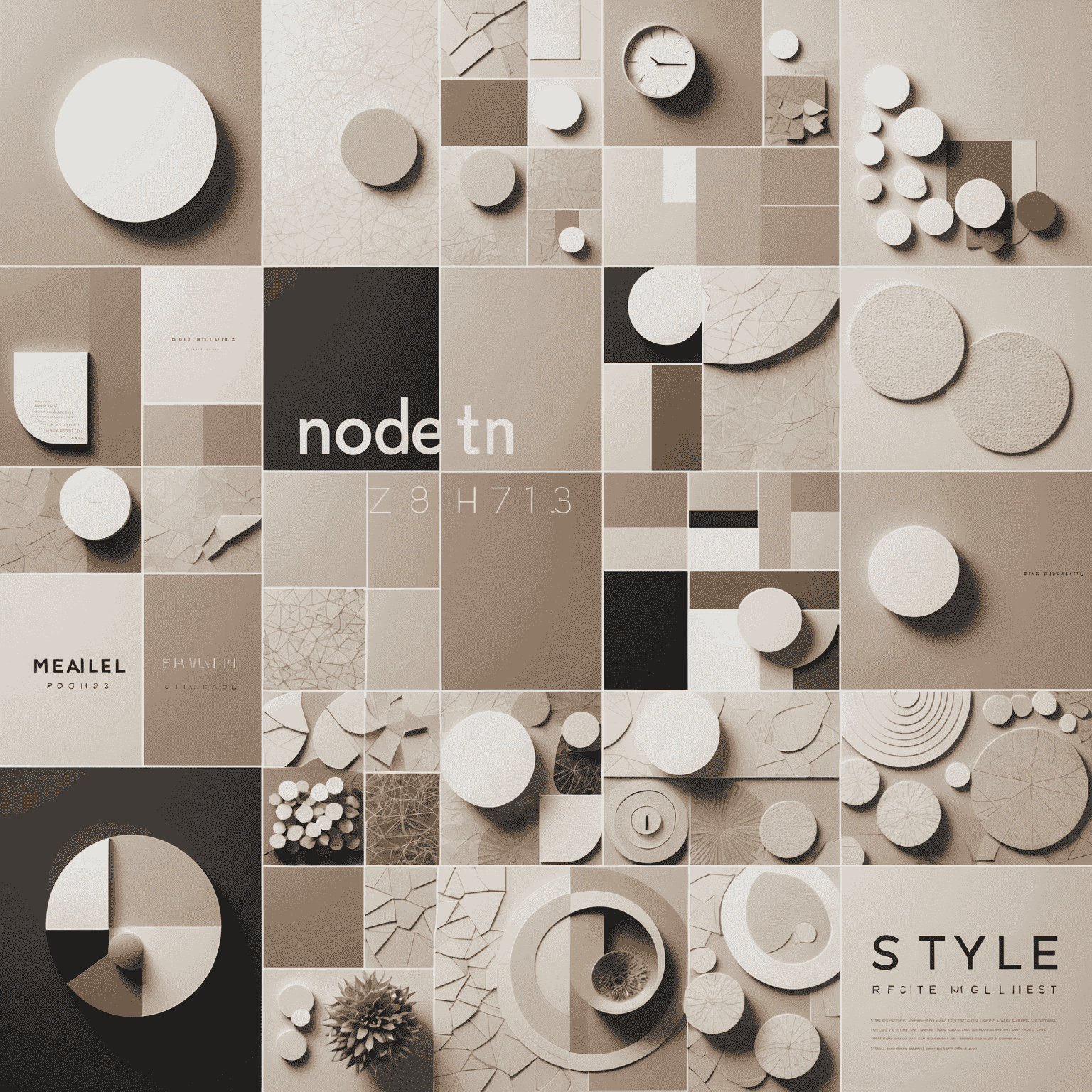 Collage de tendencias de diseño modernas, mostrando tipografía innovadora, interfaces digitales futuristas y diseños minimalistas en tonos neutros suaves