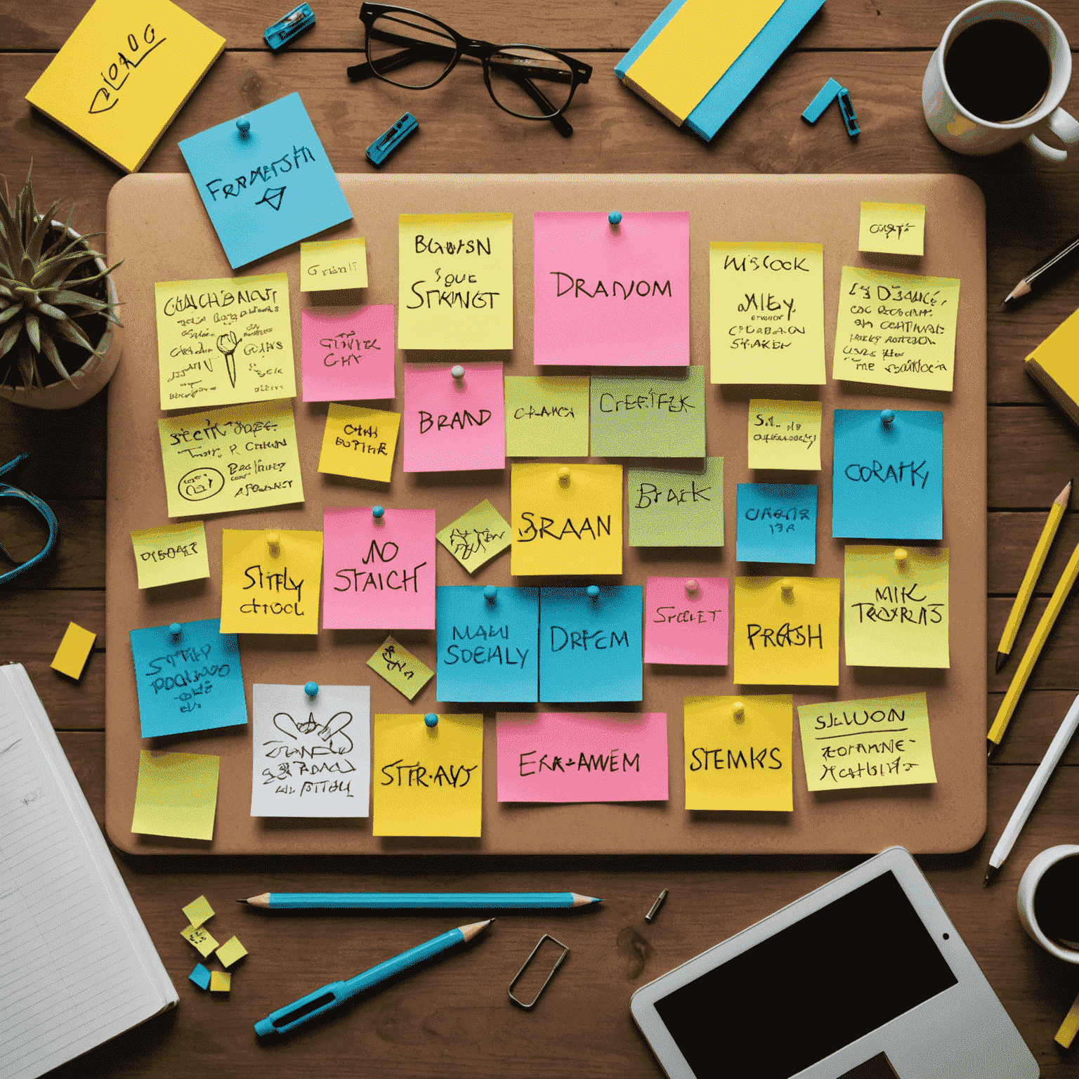 Imagen conceptual de una estrategia de marca: un tablero con notas adhesivas, diagramas y un logotipo en desarrollo, rodeado de herramientas de diseño como lápices y una tableta gráfica.