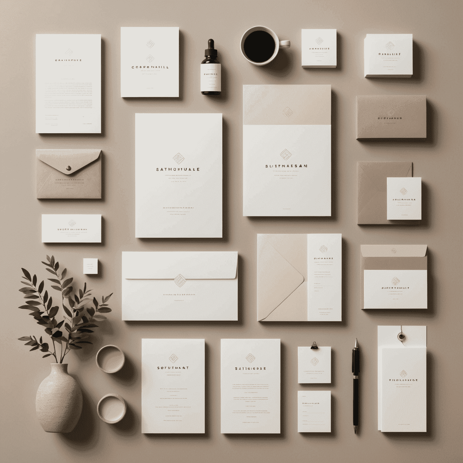 Collage de elementos de identidad visual, incluyendo un logotipo minimalista, una paleta de colores suaves y neutros, y ejemplos de tipografía elegante