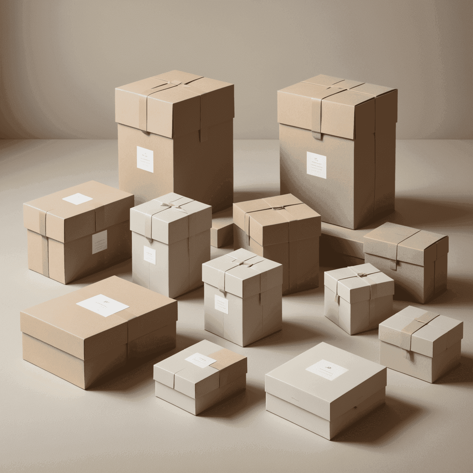 Imagen de varios diseños de embalaje elegantes y minimalistas, incluyendo cajas, bolsas y etiquetas con un acabado mate en tonos neutros suaves. Los diseños muestran una atención meticulosa al detalle y una estética refinada.