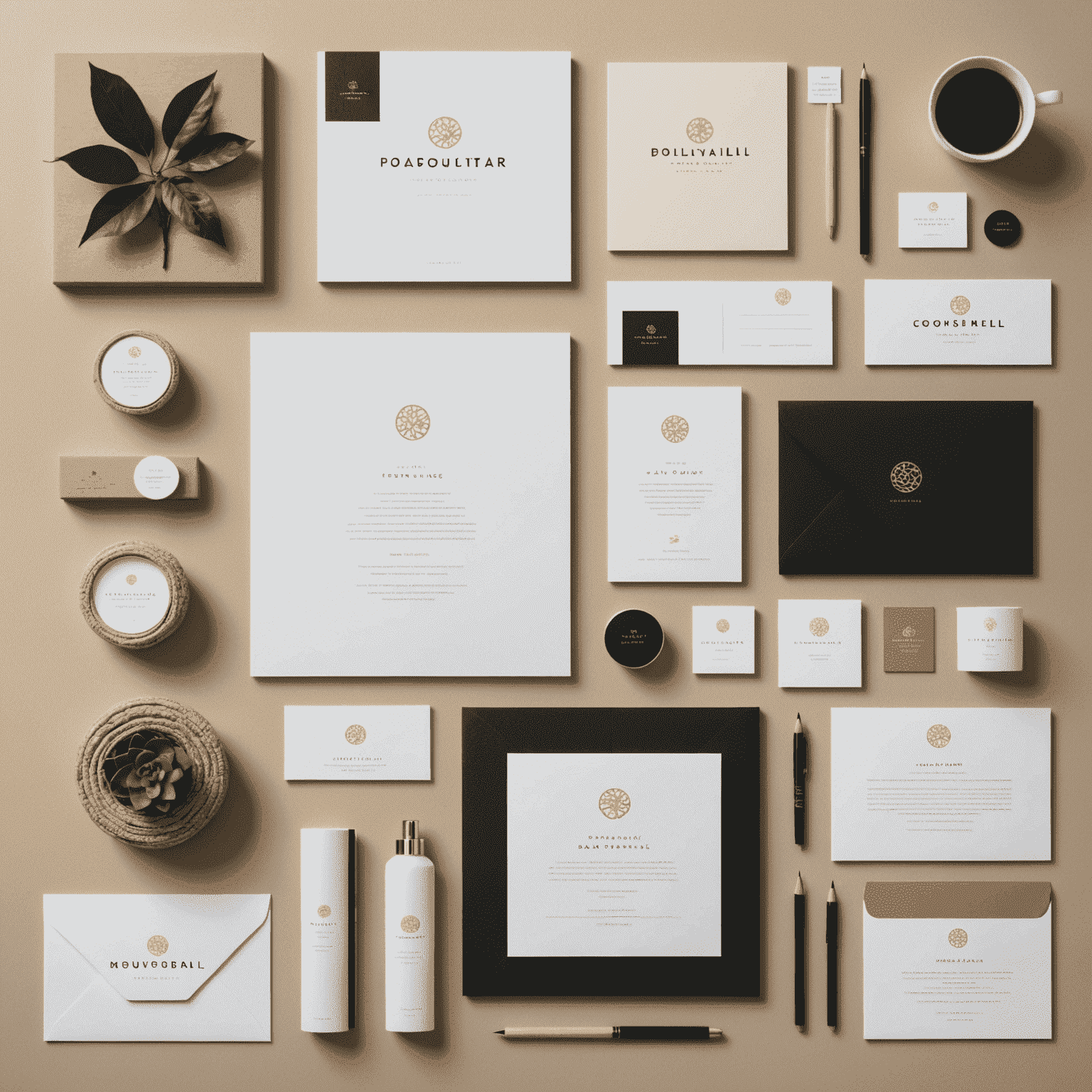 Collage de elementos de diseño de identidad visual, incluyendo un logotipo moderno, una paleta de colores sofisticada, tipografía elegante y elementos gráficos que reflejan la esencia de la marca.