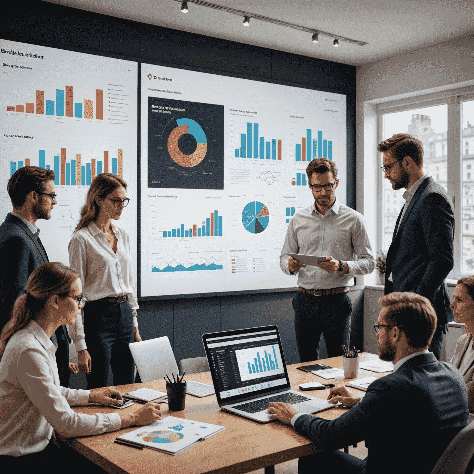 Imagen de un equipo de consultores analizando datos de marca en una pantalla grande, rodeados de gráficos y moodboards