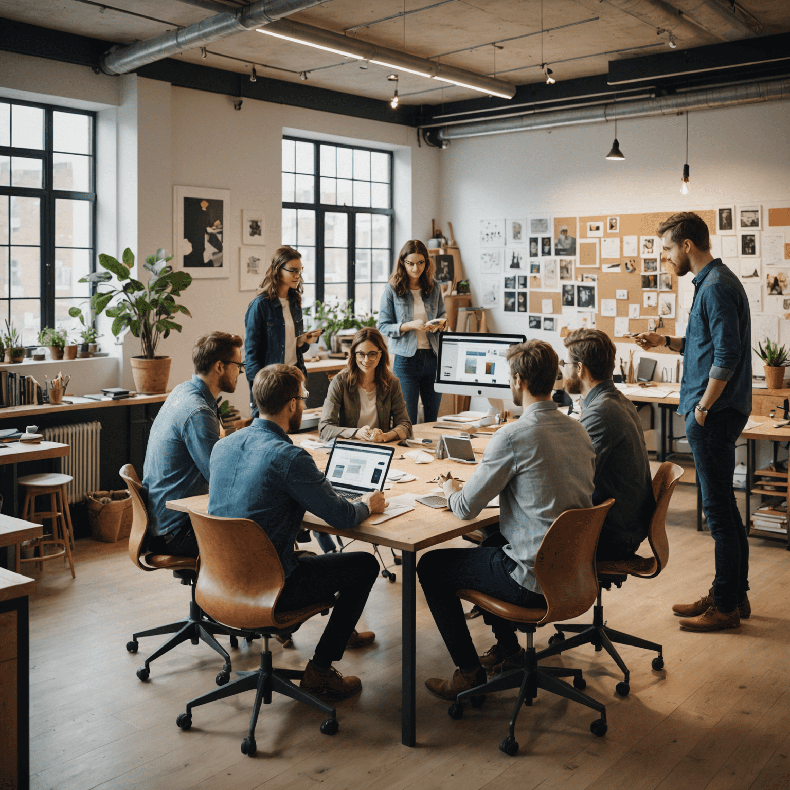 Imagen de un equipo de diseñadores y estrategas colaborando en un ambiente de estudio creativo
