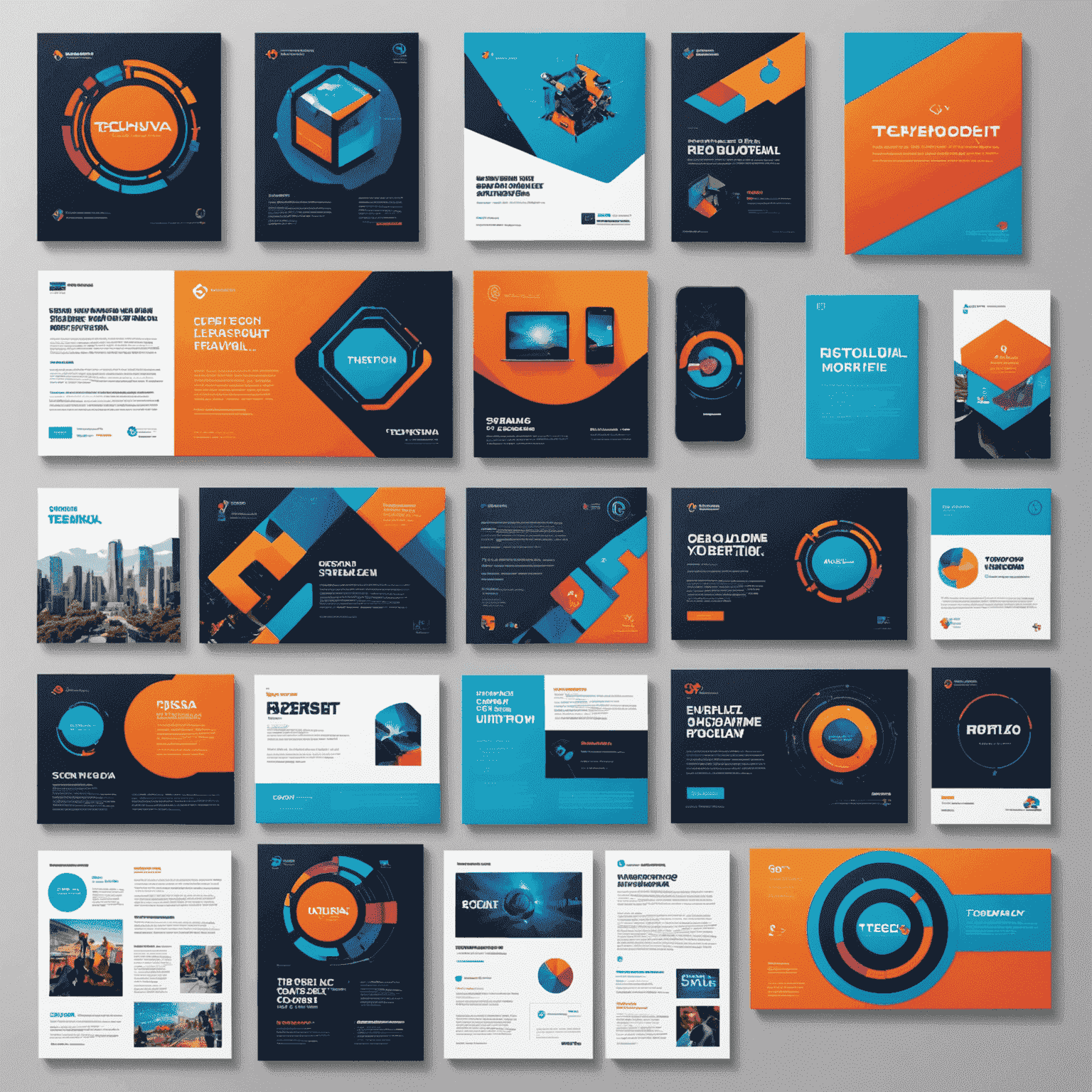 Collage de materiales de la campaña de TechNova, incluyendo carteles, anuncios digitales y merchandising con un diseño futurista y colores vibrantes